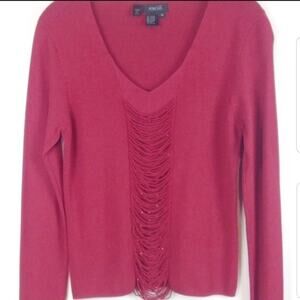 Escio‎ Deep Red Delicately Beaded Detail  Knit Top V-Neck Sweater Size Medium